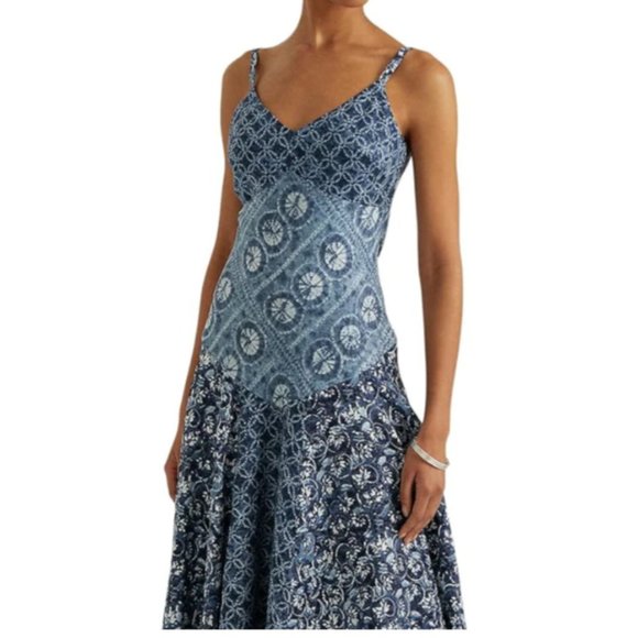 NWT LAUREN RALPH LAUREN PETITE LINEN BLUE PATCHWORK HANDKERCHIEF HEM DRESS 6P - Picture 3 of 15